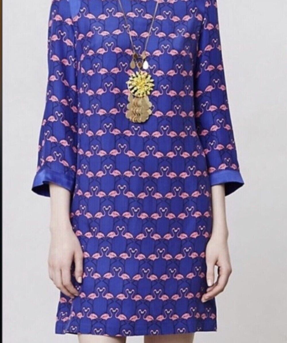 Anthropologie Harlyn 100% Silk Flamingo Repeat Shift Tunic Dress Blue XS